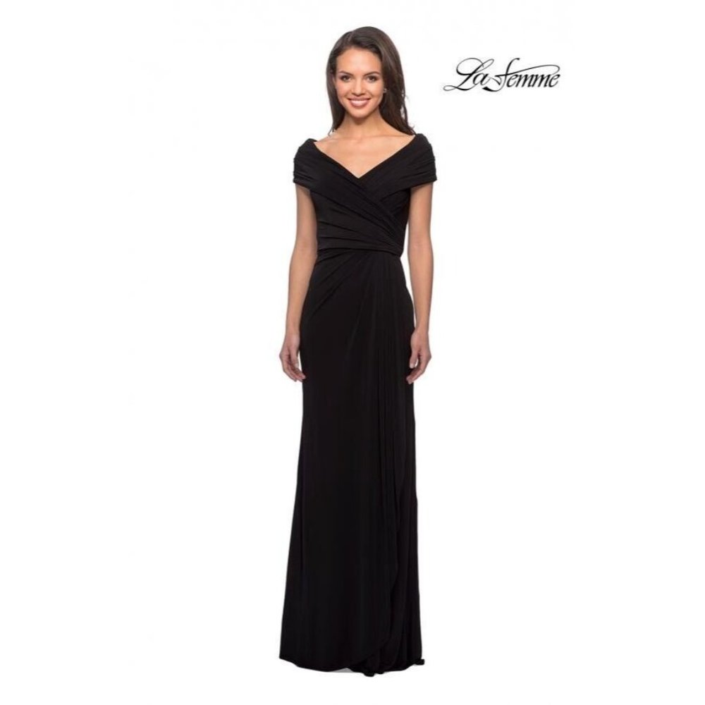 La Femme Womens Size 10 Black Off Shoulder V-Neck Long Jersey Formal Dress 26519